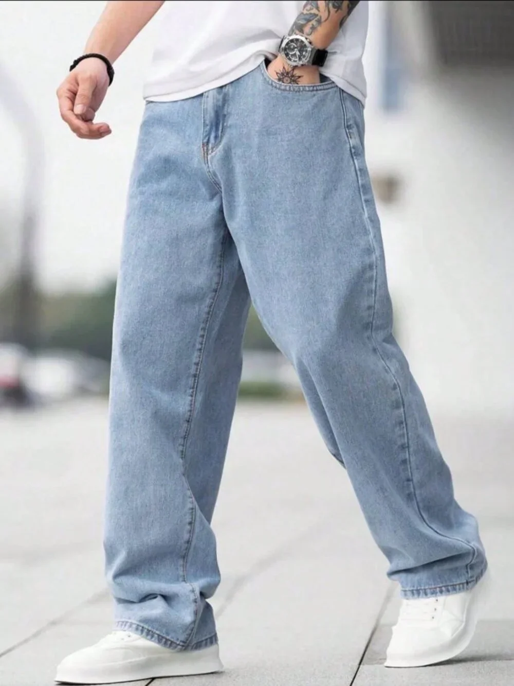 Light Wash Casual Men's Loose-Fit Zip Fly Long Pocket Plain Denim Pants